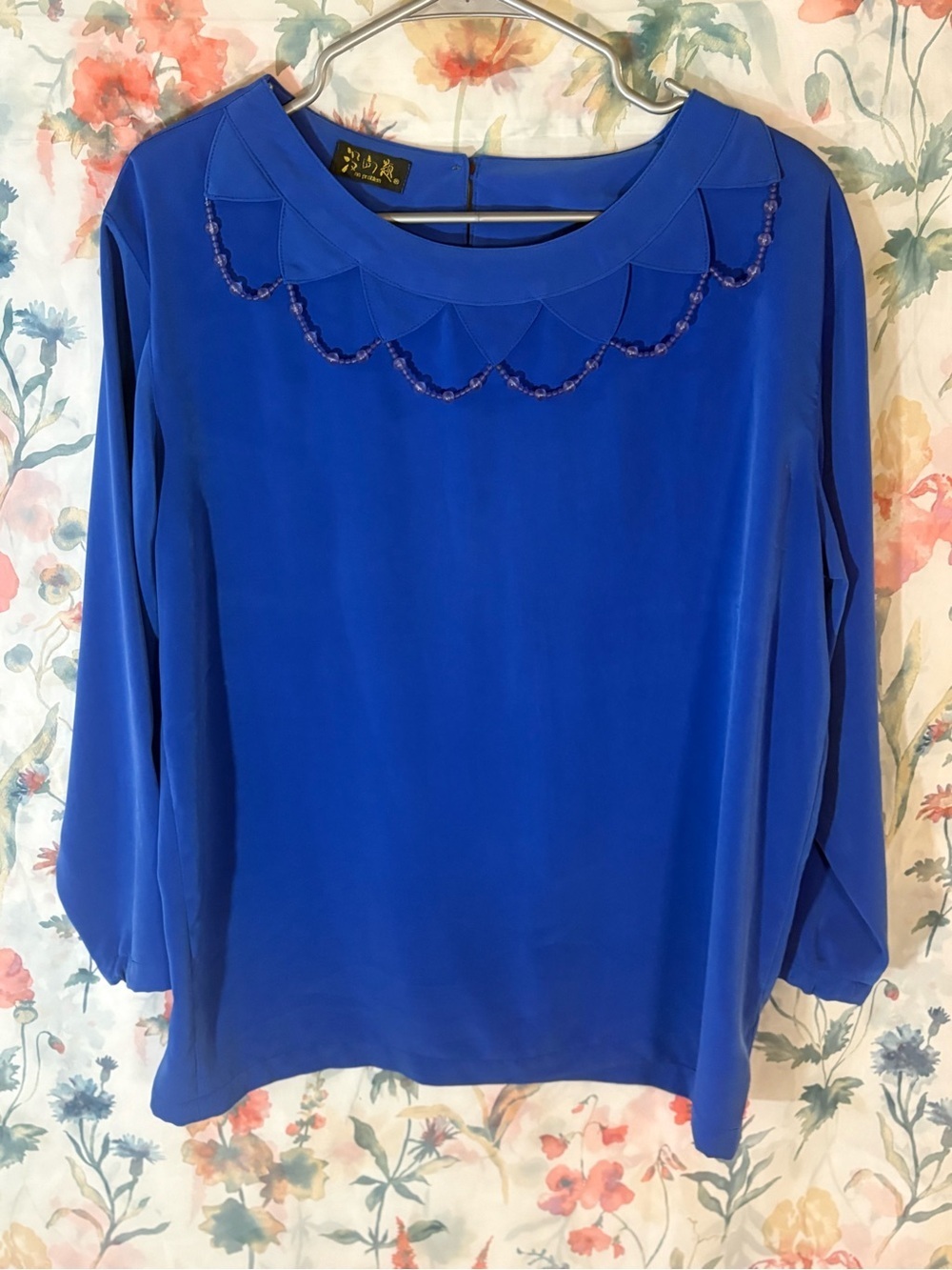 Vintage Elegant Women's Royal Blue Beaded Neck Blouse